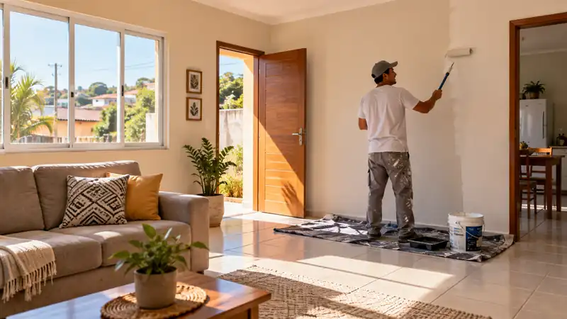 Sala de uma casa recebendo pintura e acabamento