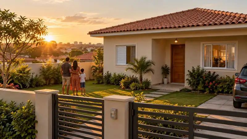 Casa térrea pronta, com jardim, ao entardecer