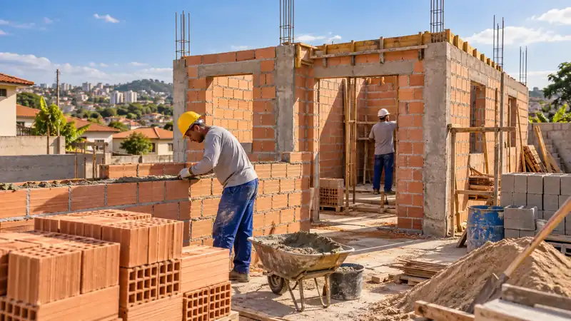 Obra residencial em andamento, com paredes subindo