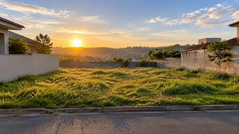 Terreno vazio ao nascer do sol, pronto para virar casa