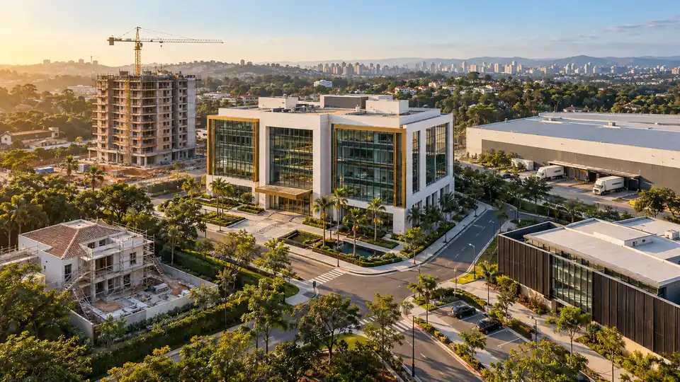 Vista aérea ilustrativa do URBEX HUB: prédio central conectado a obras, reformas e operações digitais