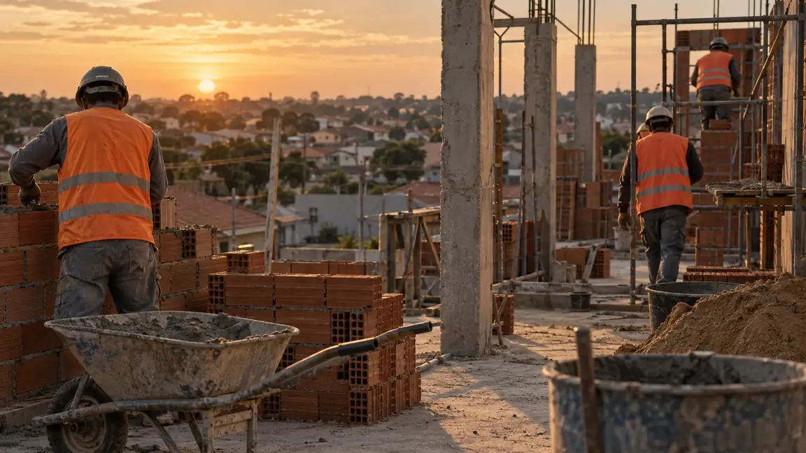 Obra residencial em andamento, com paredes subindo