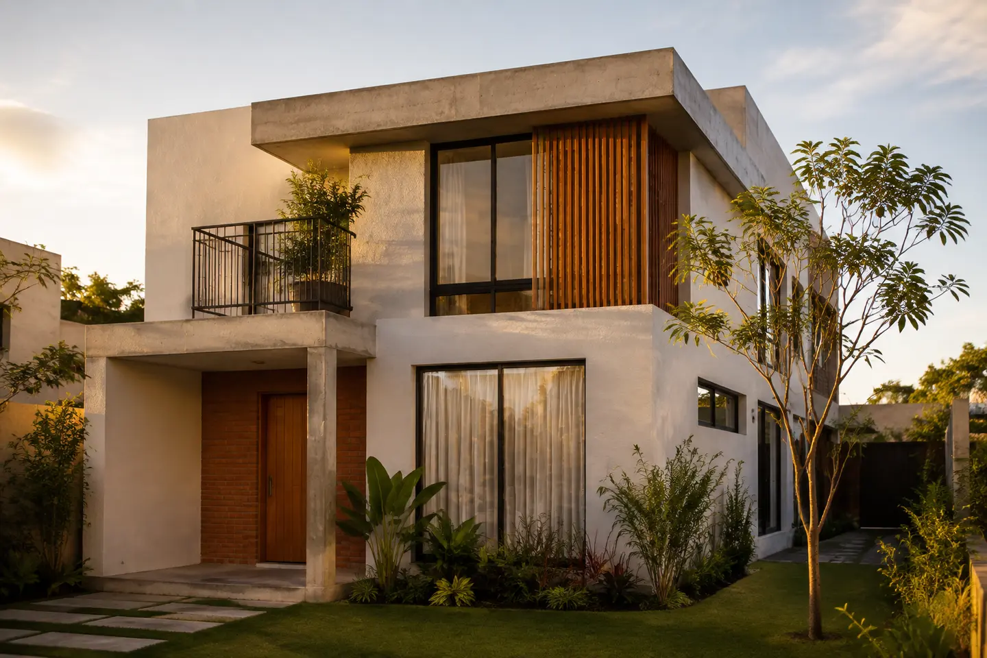 Casa contemporânea com fachada, madeira e jardim