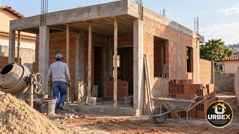 Obra residencial ilustrativa com trabalhador de costas, gerada por IA