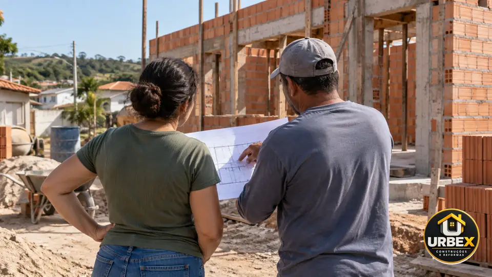 Obra residencial ilustrativa com trabalhador de costas, gerada por IA