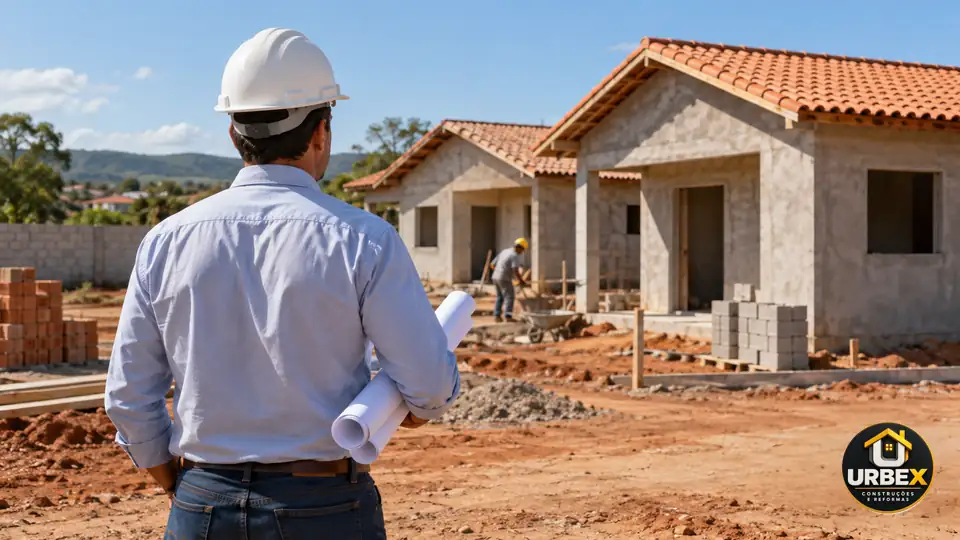 Imagem ilustrativa da modalidade Construção para incorporadoras e empresas, gerada por IA, com logo URBEX