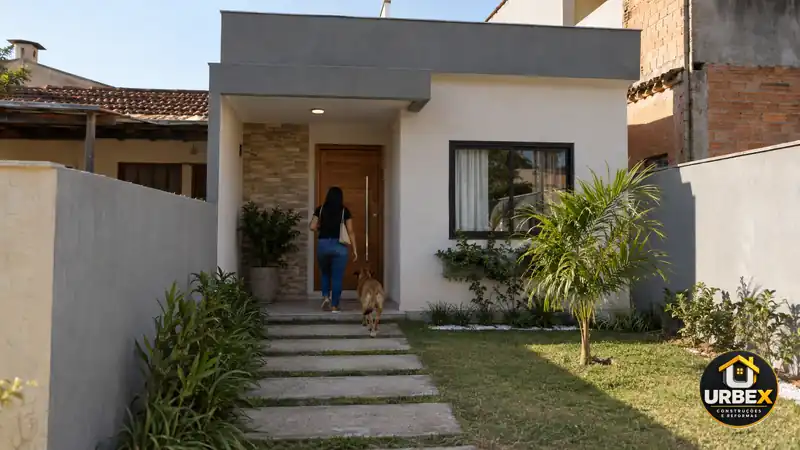 Imagem ilustrativa gerada por IA sobre Construção de casas em terrenos pequenos: o que cabe no lote? com logo URBEX
